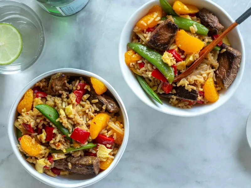 Chinese Rice bowls with colorful vegetables