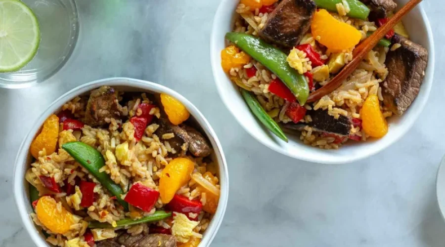 Chinese Rice bowls with colorful vegetables