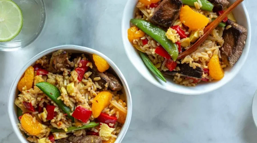 Chinese Rice bowls with colorful vegetables